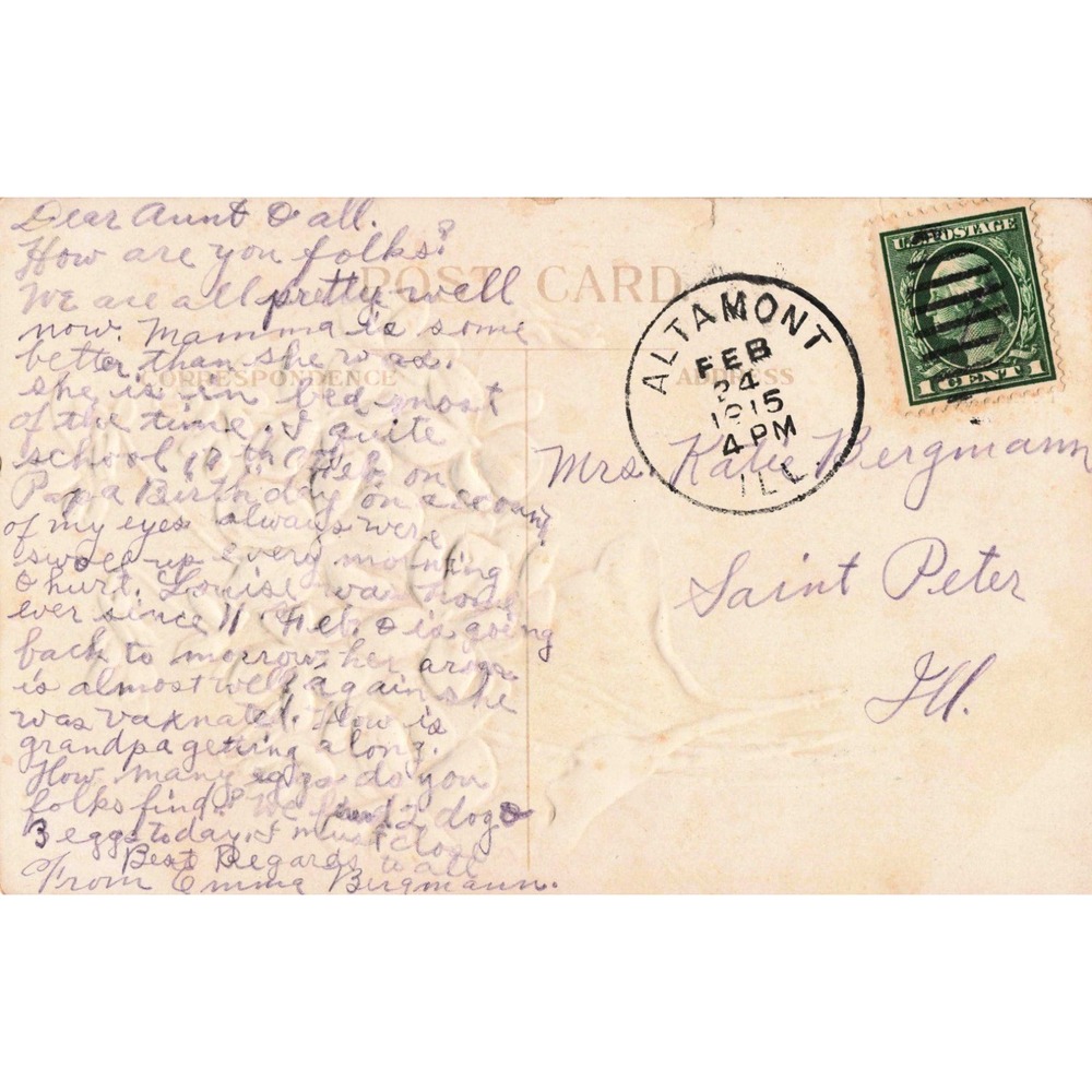 Antique 1915 Embossed Postcard Purple Violets Greetings Altamont IL Postmark - Picture 2 of 2